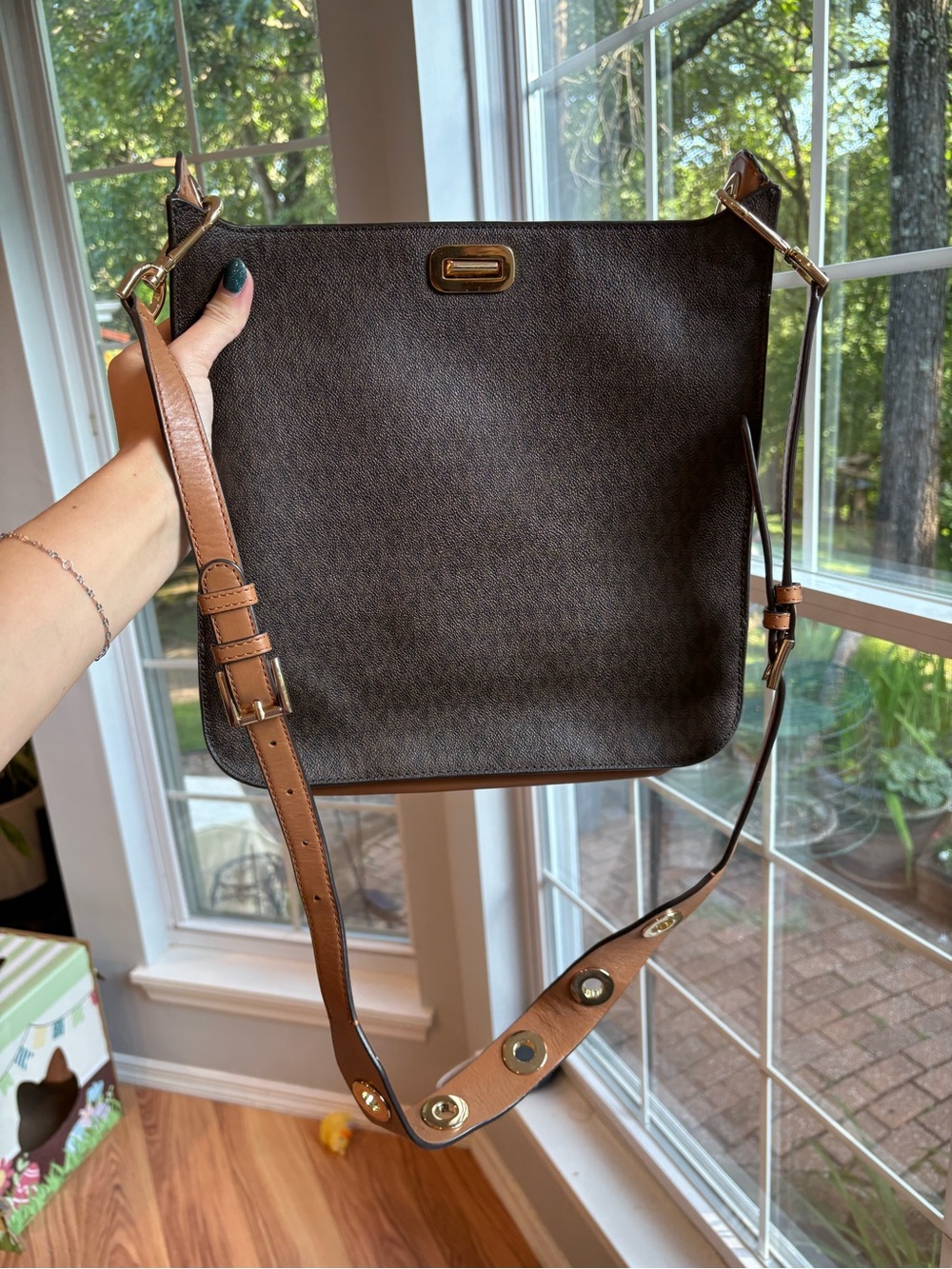 Michael Kors Sullivan Dark Brown Monogram Crossbody with Tan Strap